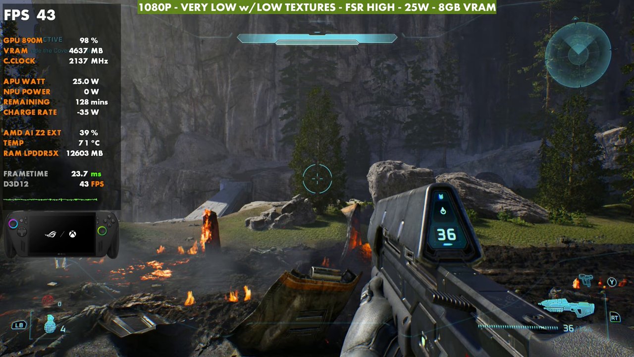 Halo: Campaign Evolved on ROG Xbox Ally X at 43 FPS, 1080p very low with low textures, FSR High, 25W