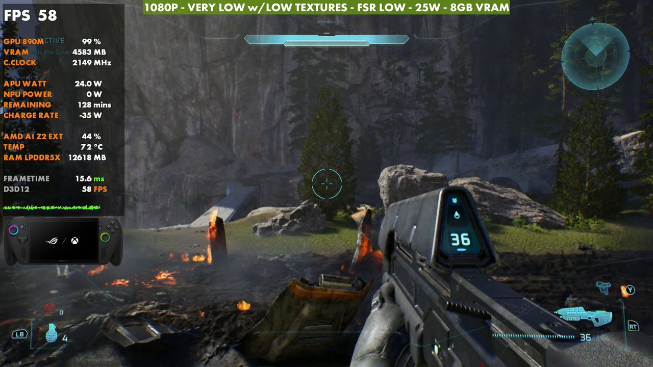 Halo: Campaign Evolved on ROG Xbox Ally X at 58 FPS, 1080p very low with low textures, FSR Low, 25W