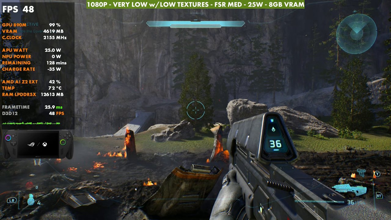 Halo: Campaign Evolved on ROG Xbox Ally X at 48 FPS, 1080p very low with low textures, FSR Medium, 25W