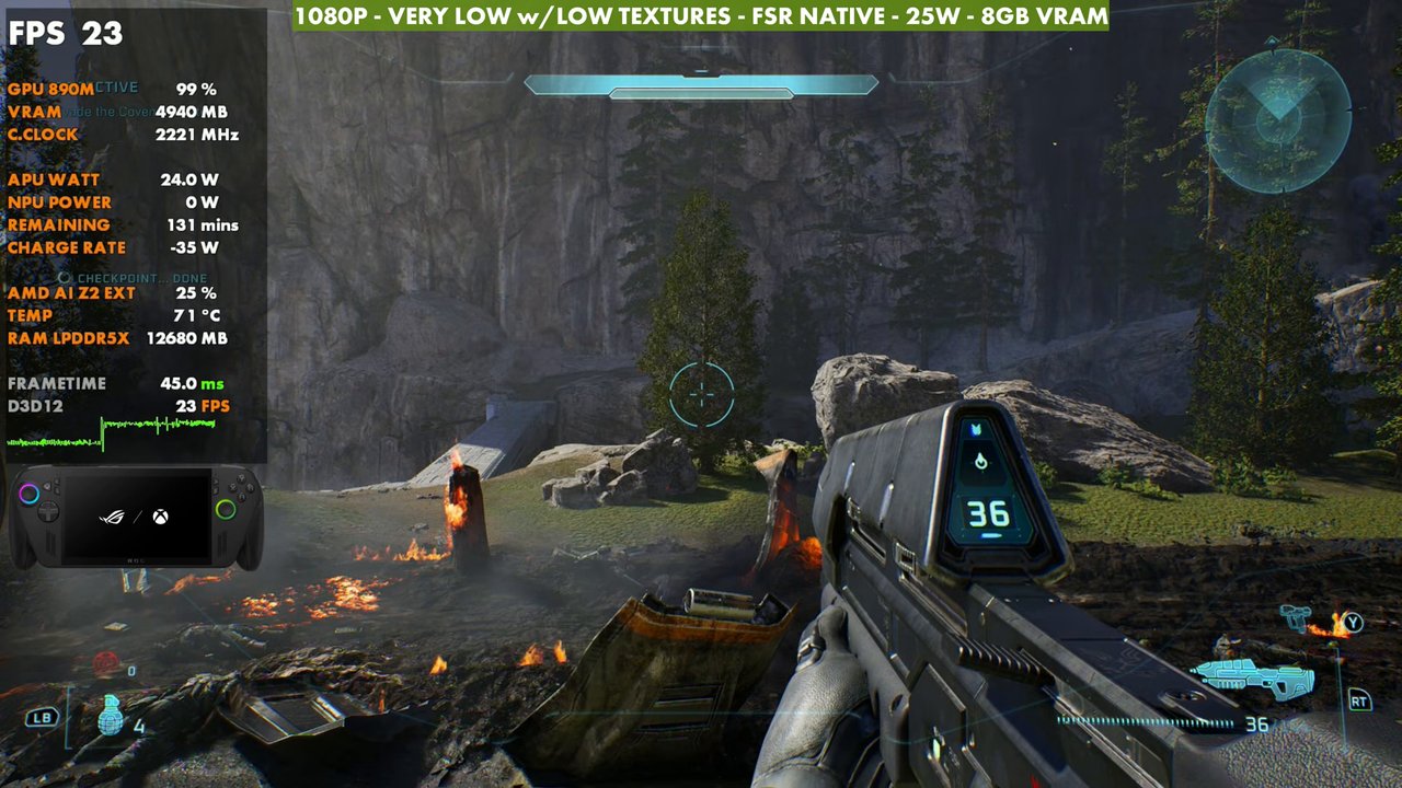Halo: Campaign Evolved on ROG Xbox Ally X at 23 FPS, 1080p very low with low textures, FSR Native, 25W