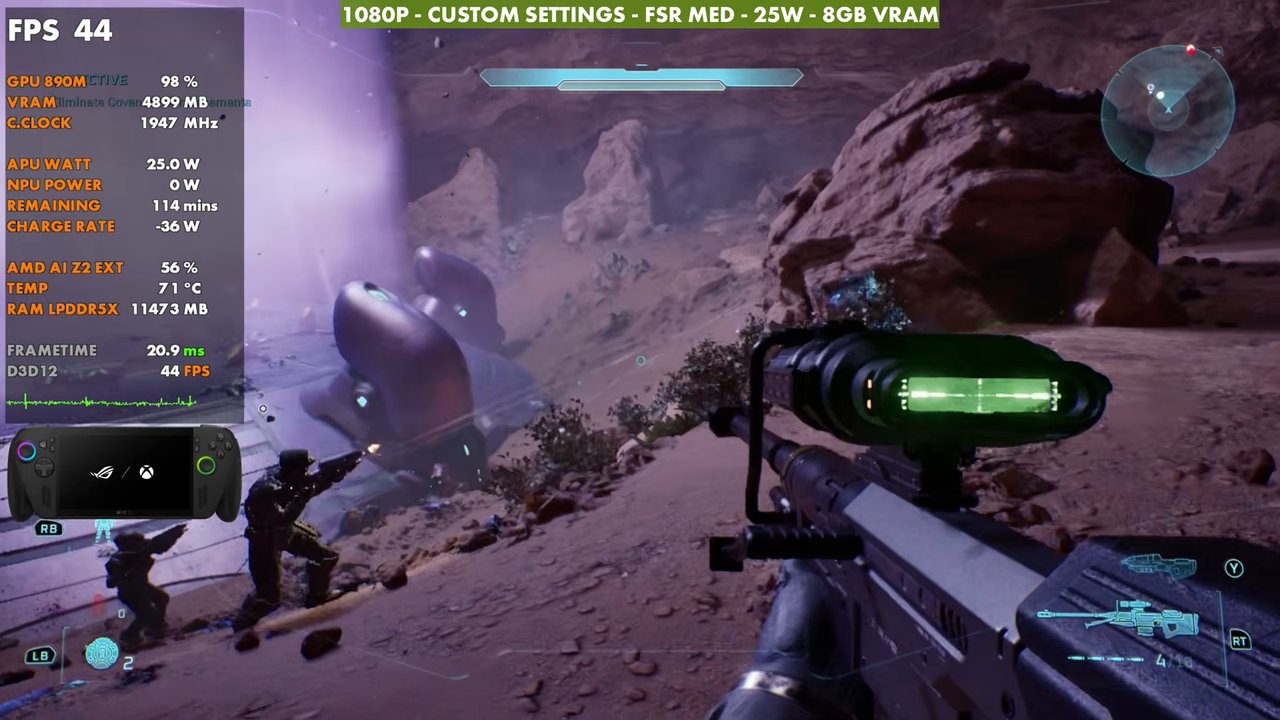 Halo: Campaign Evolved firefight on ROG Xbox Ally X at 44 FPS, 1080p custom settings, FSR Medium, 25W
