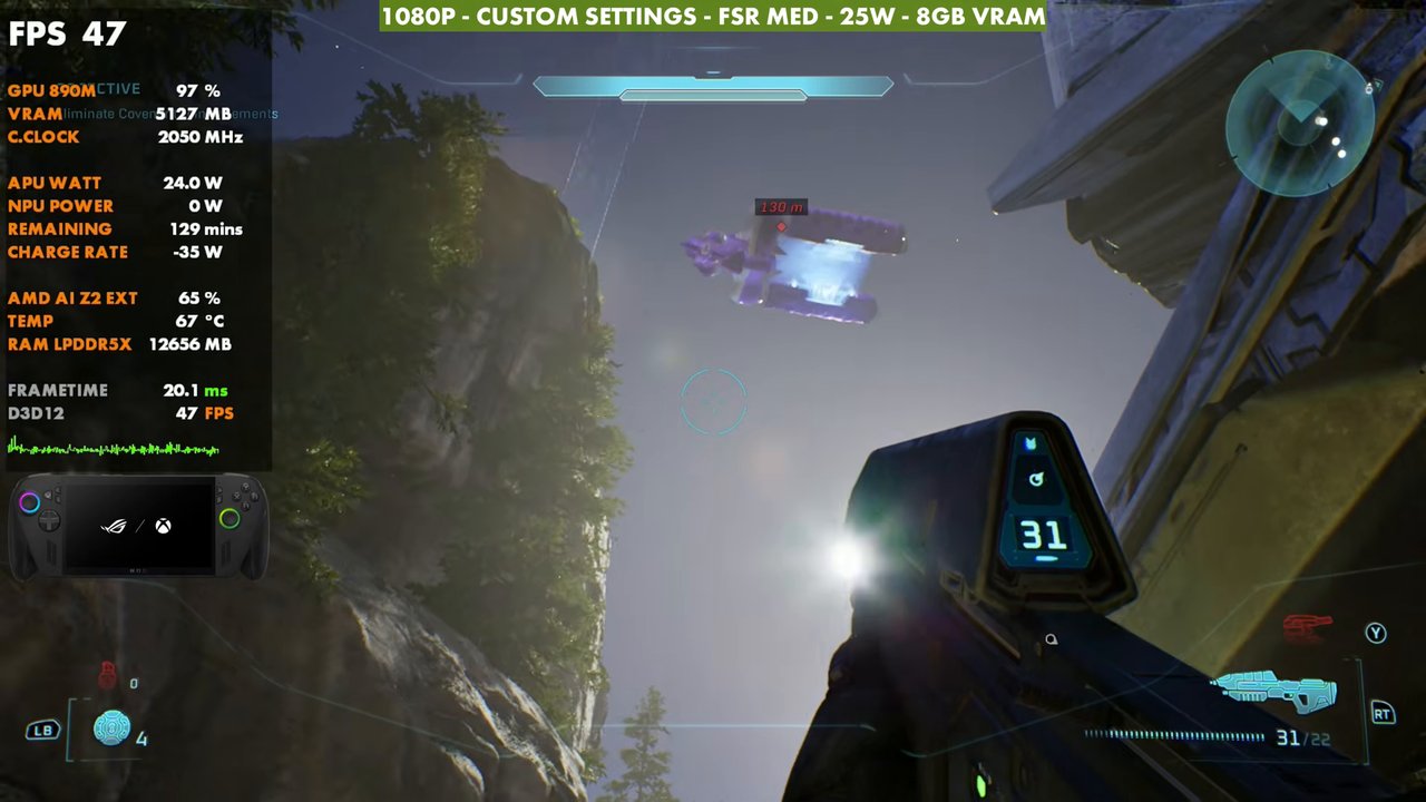 Halo: Campaign Evolved on ROG Xbox Ally X at 47 FPS, 1080p custom settings, FSR Medium, 25W