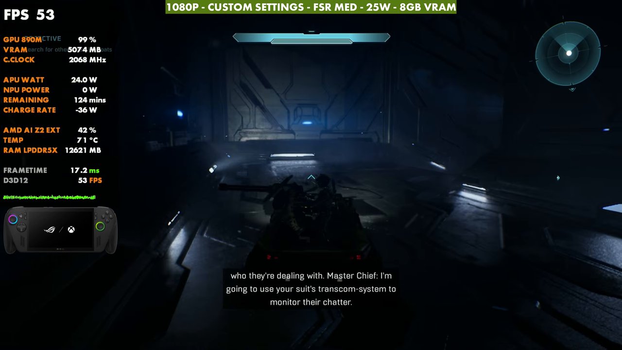 Halo: Campaign Evolved ship interior on ROG Xbox Ally X at 53 FPS, 1080p custom settings, FSR Medium, 25W