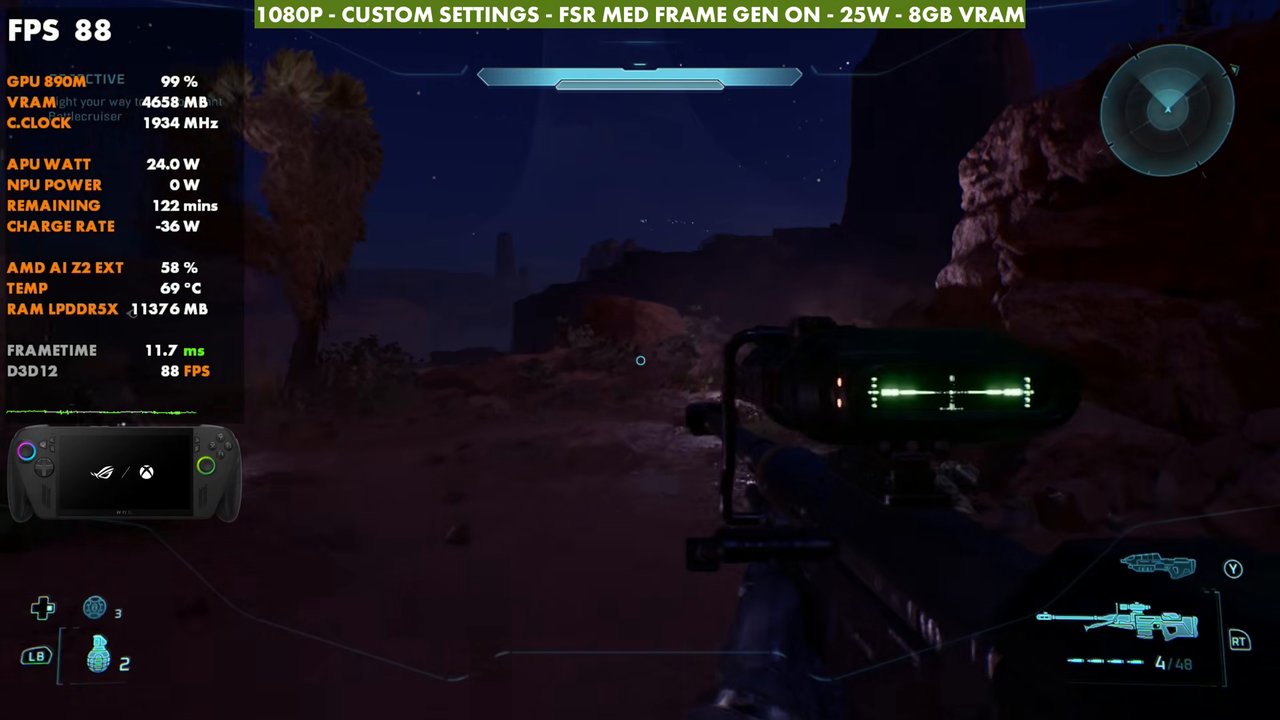 Halo: Campaign Evolved night area on ROG Xbox Ally X at 88 FPS, 1080p custom settings, FSR Medium, frame gen on, 25W