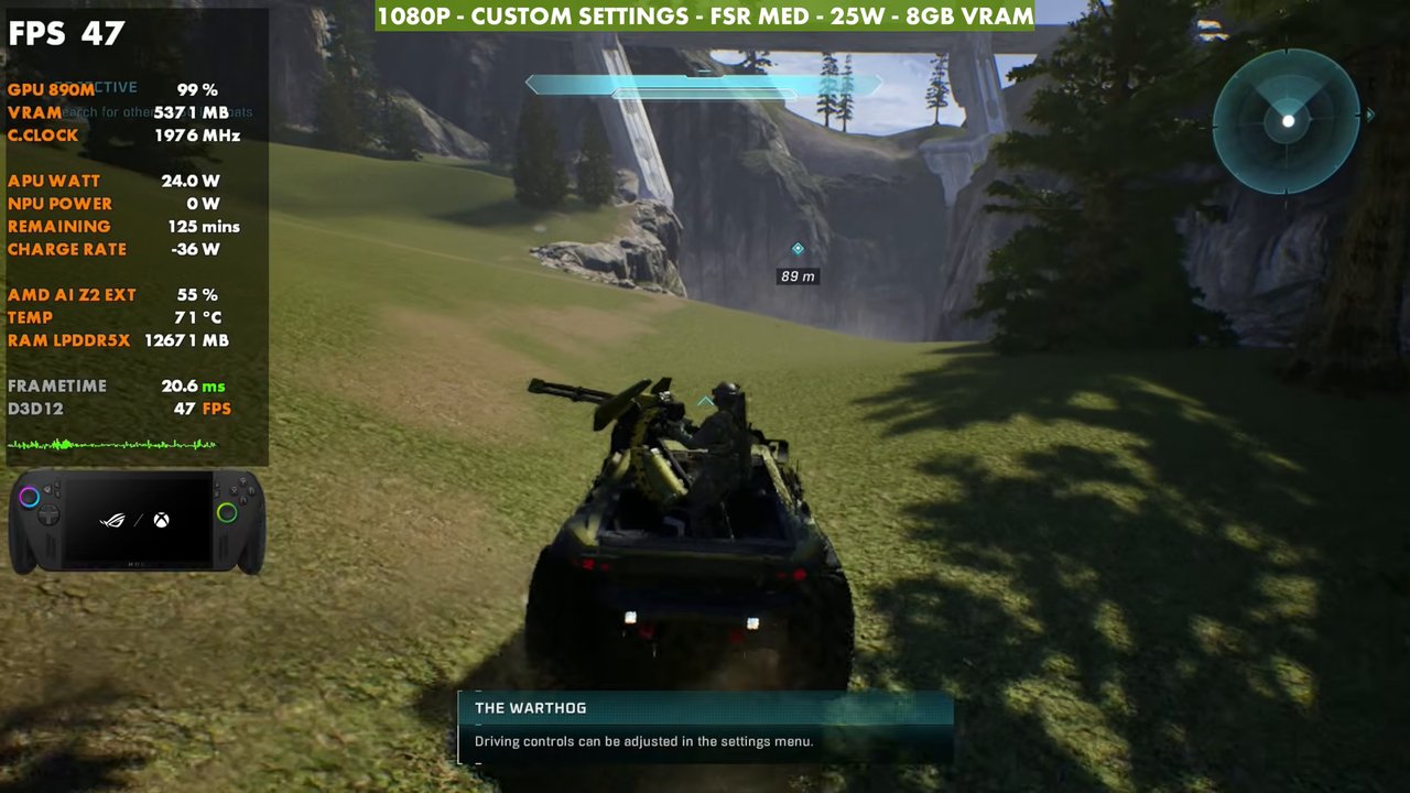 Halo: Campaign Evolved Warthog on ROG Xbox Ally X at 47 FPS, 1080p custom settings, FSR Medium, 25W