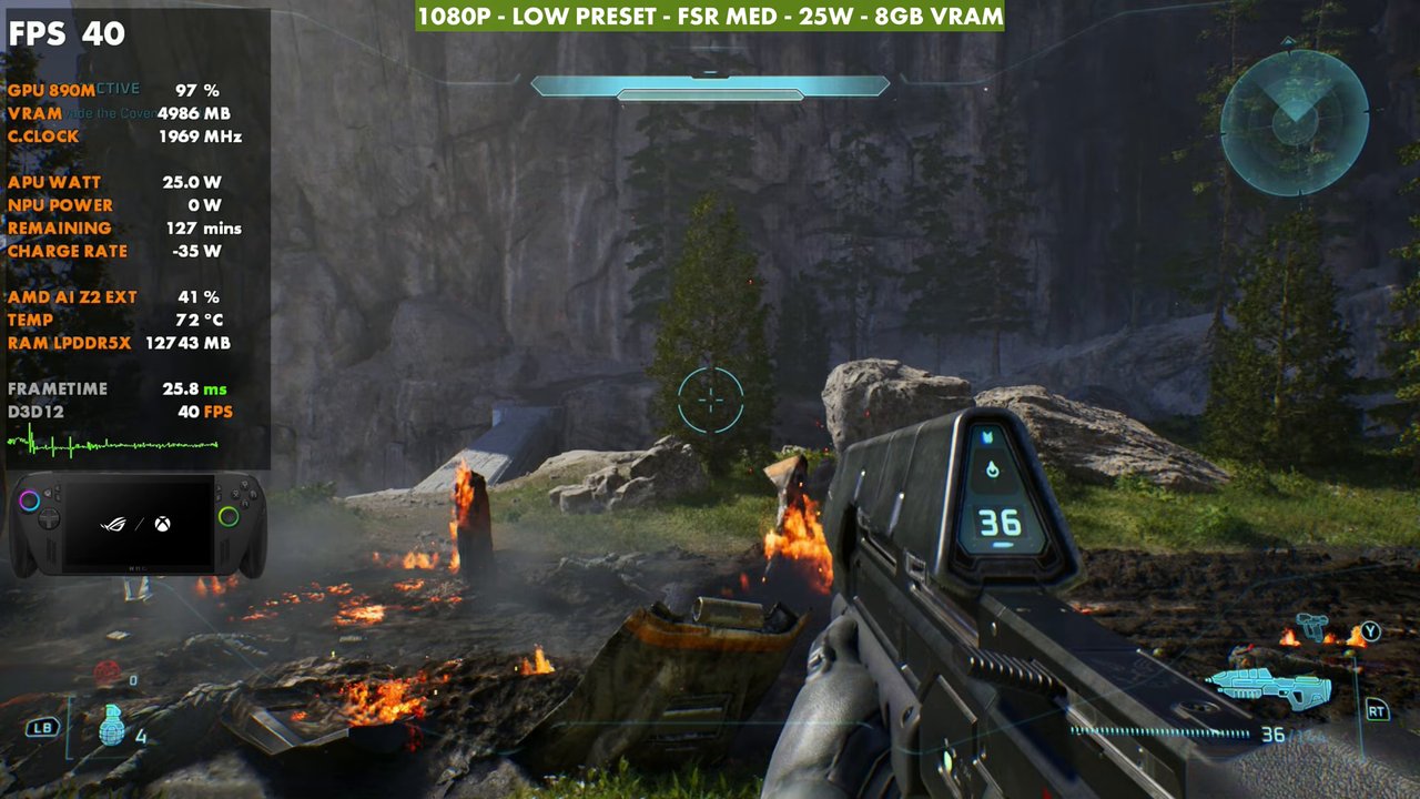 Halo: Campaign Evolved on ROG Xbox Ally X at 40 FPS, 1080p low preset, FSR Medium, 25W