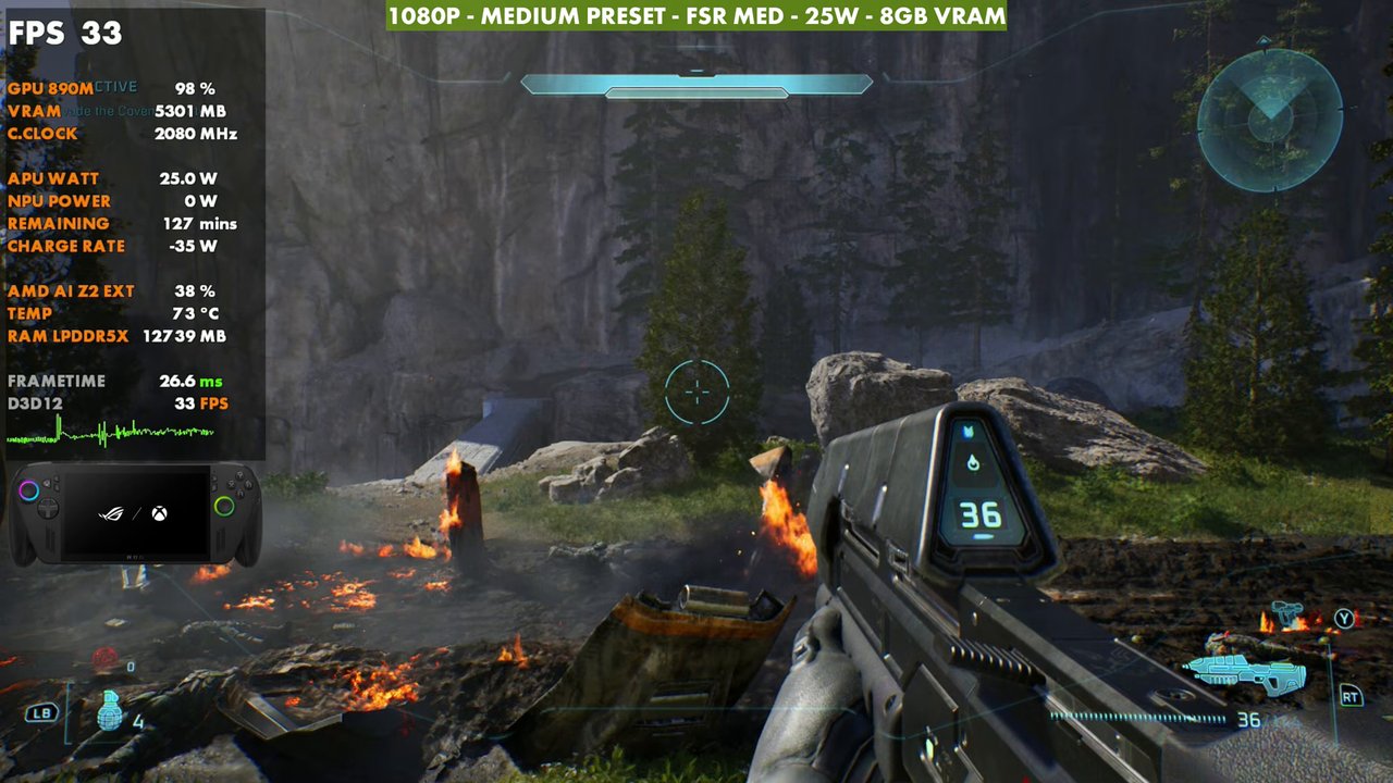 Halo: Campaign Evolved on ROG Xbox Ally X at 33 FPS, 1080p medium preset, FSR Medium, 25W