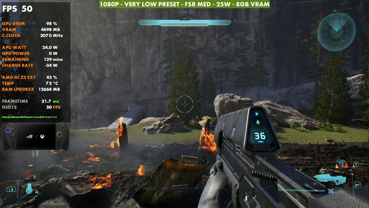 Halo: Campaign Evolved on ROG Xbox Ally X at 50 FPS, 1080p very low preset, FSR Medium, 25W