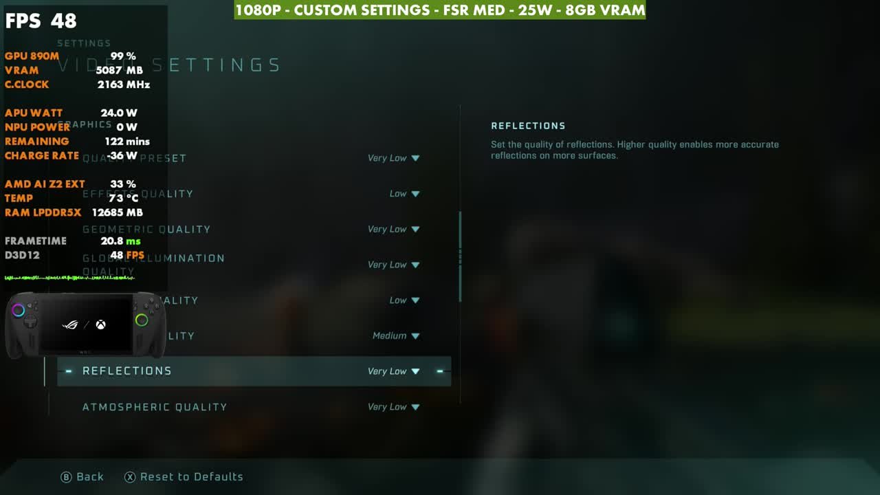 Halo: Campaign Evolved custom video settings on ROG Xbox Ally X: Very Low preset, Effects Low, Geometric and Global Illumination Very Low, Lighting Low, Texture Medium, Reflections Very Low