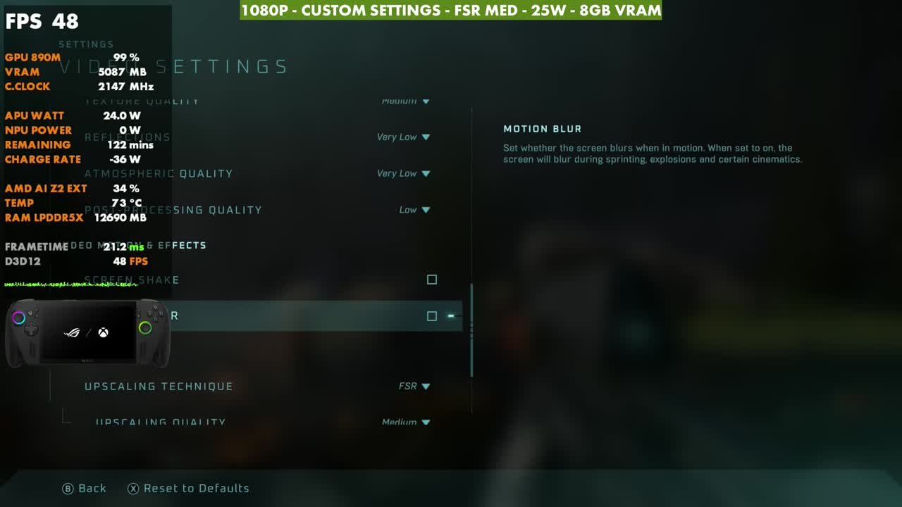 Halo: Campaign Evolved video settings on ROG Xbox Ally X: Atmospheric Very Low, Post-Processing Low, screen shake and motion blur off, FSR Medium