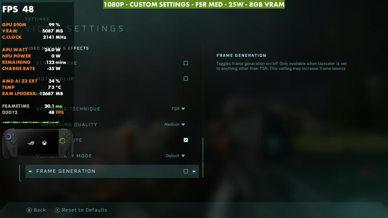 Halo: Campaign Evolved upscaling settings on ROG Xbox Ally X: FSR, Upscaling Quality Medium, Frame Generation toggle