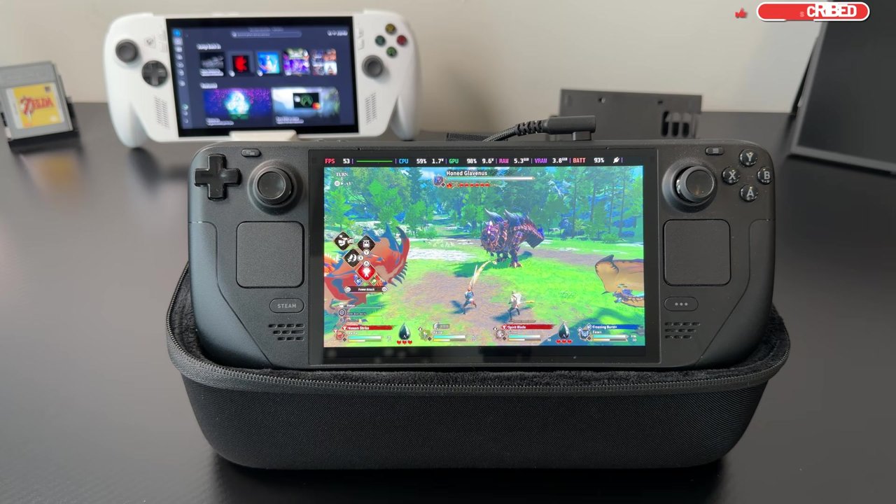 Gaming on a Steam Deck propped up in the JSAUX Double-Decker case