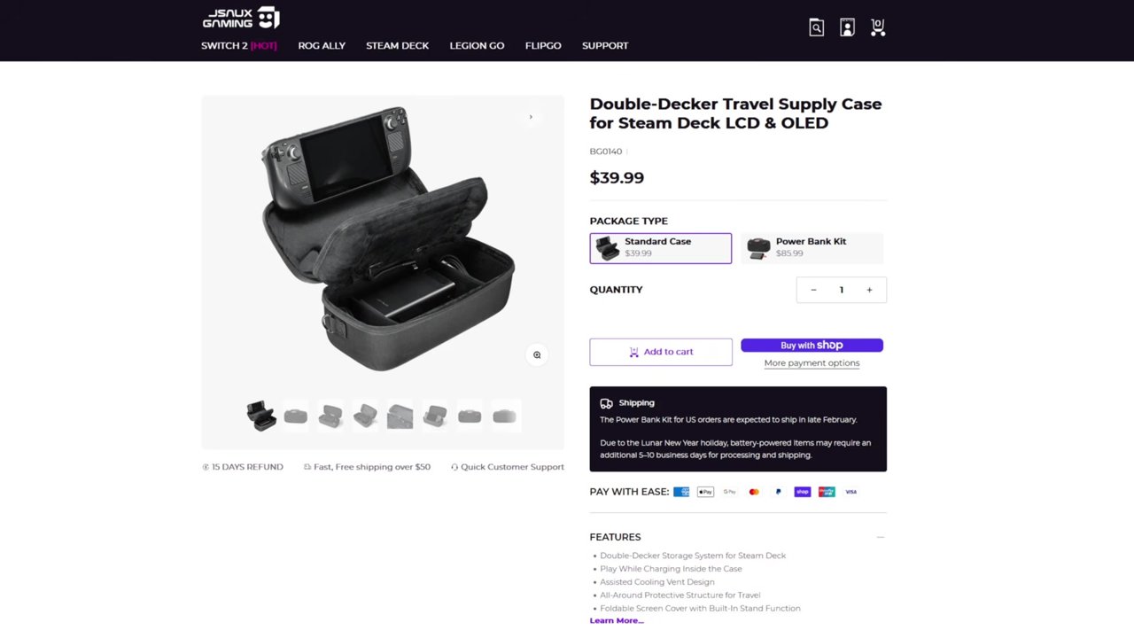 JSAUX website listing for the Double-Decker Travel Supply Case for Steam Deck LCD and OLED at $39.99