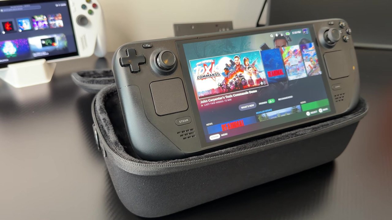 Steam Deck propped up in the JSAUX Double-Decker case using the flip stand