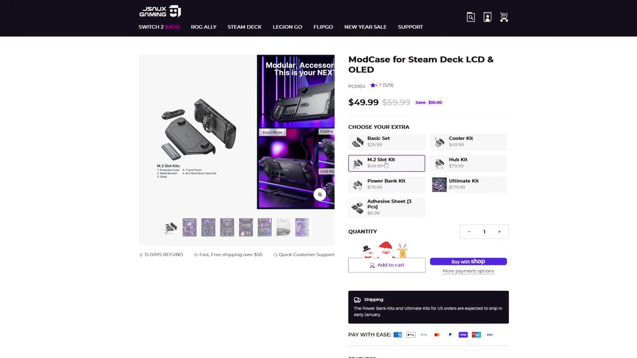 JSAUX store listing for the ModCase for Steam Deck LCD and OLED with kit prices