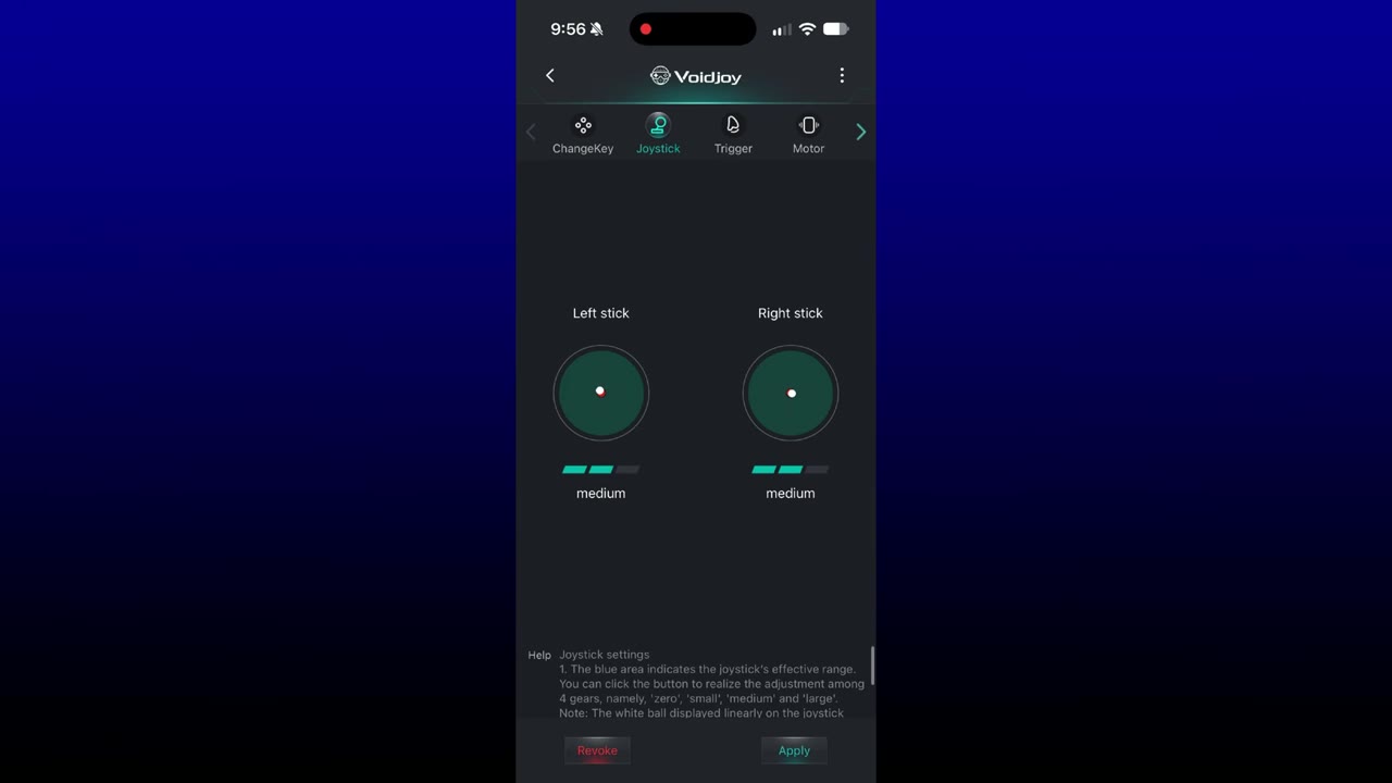 VOIDJOY app showing joystick sensitivity settings for the SkyLark S1 Pro