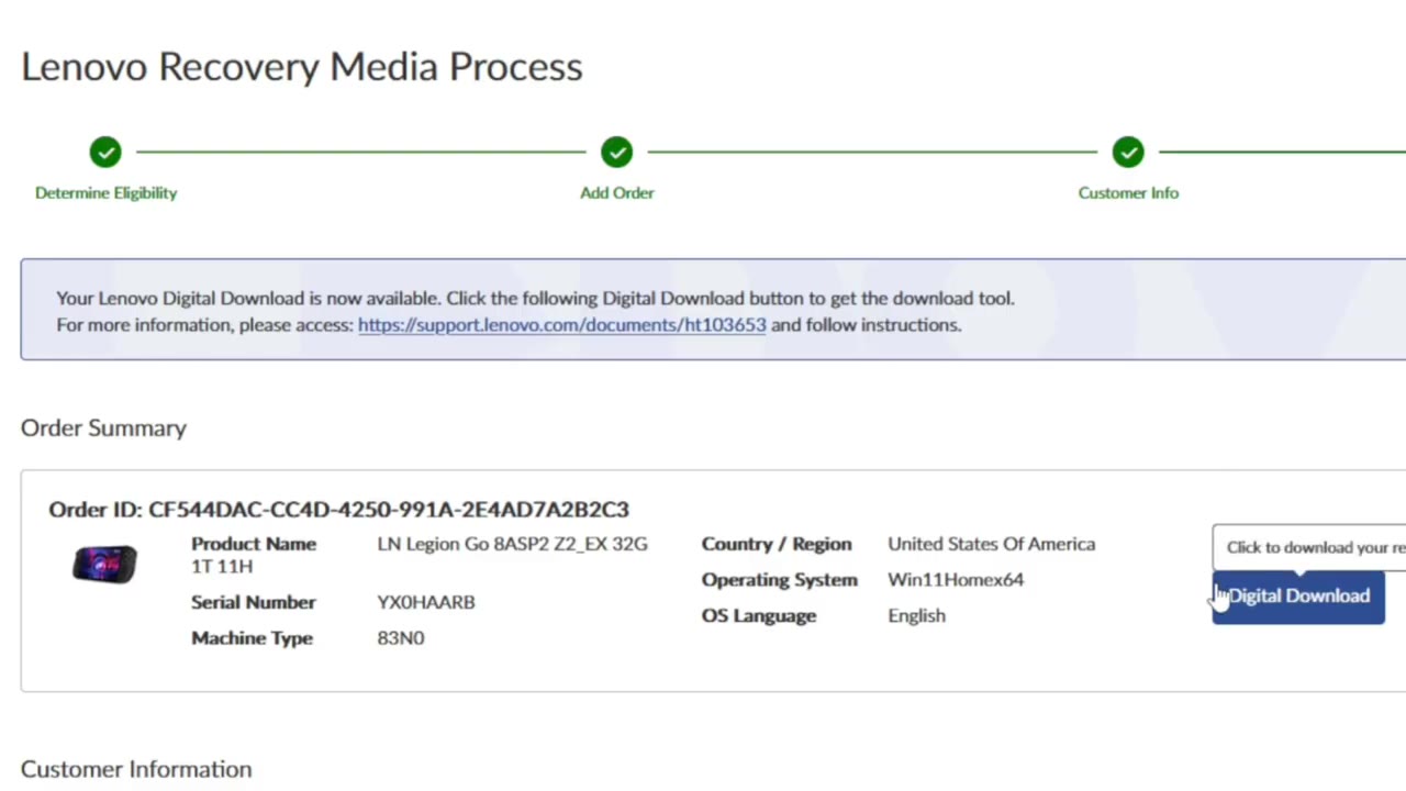 Lenovo Recovery Media order summary with Digital Download button