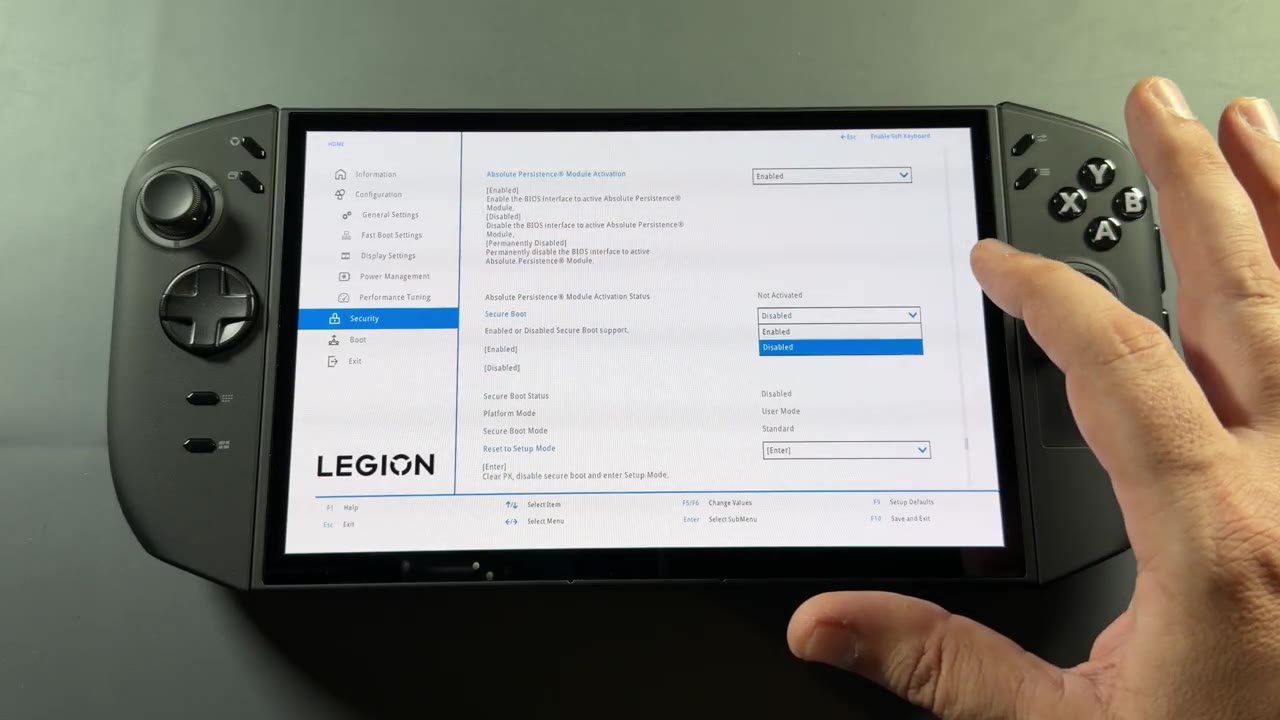 Legion BIOS Security tab with Secure Boot enabled