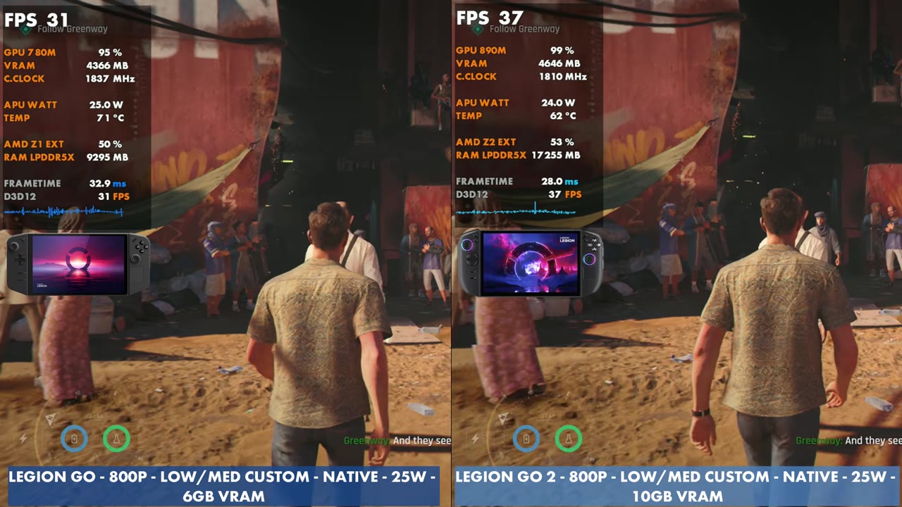 007 First Light at 800p native following Greenway: Legion Go at 31 FPS vs Legion Go 2 at 37 FPS