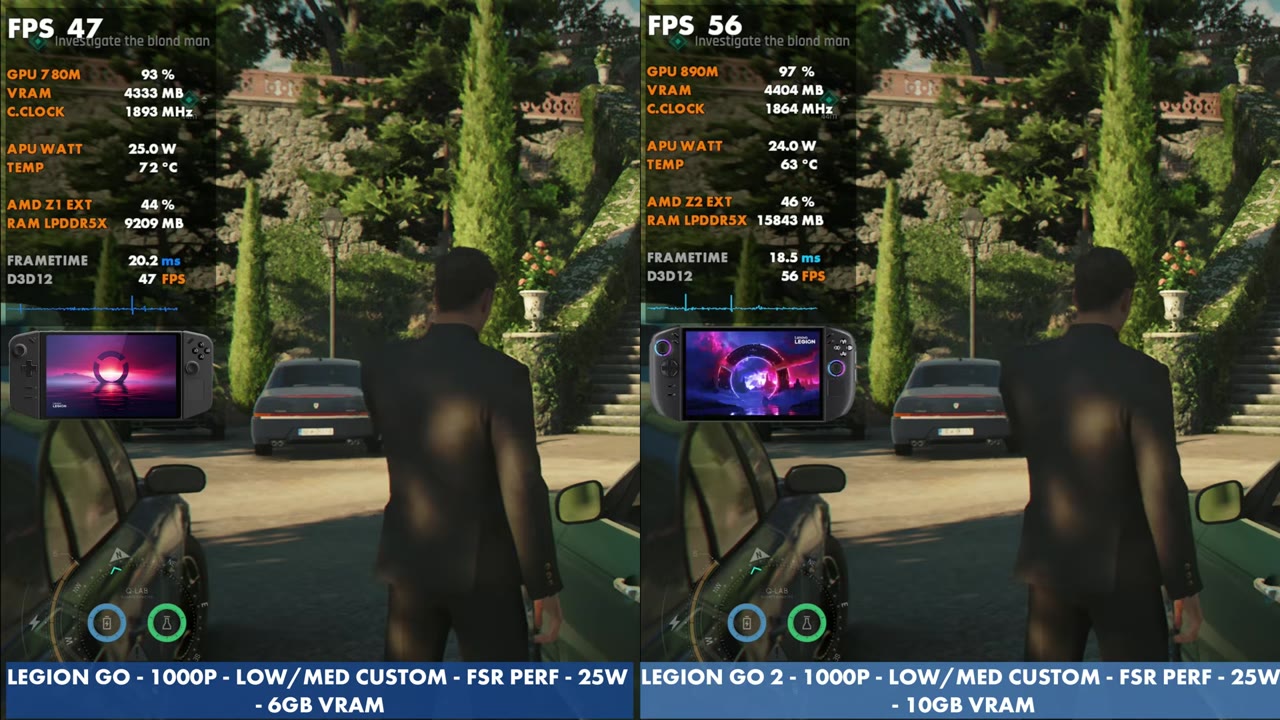 007 First Light at 1000p FSR Performance, 25W: Legion Go at 47 FPS vs Legion Go 2 at 56 FPS
