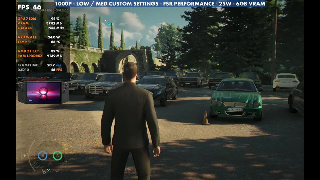 007 First Light on the Legion Go Z1 Extreme at 1000p FSR Performance, 25W, overlay reading 46 FPS