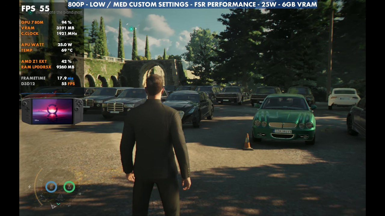 007 First Light on the Legion Go Z1 Extreme at 800p FSR Performance, 25W, overlay reading 55 FPS