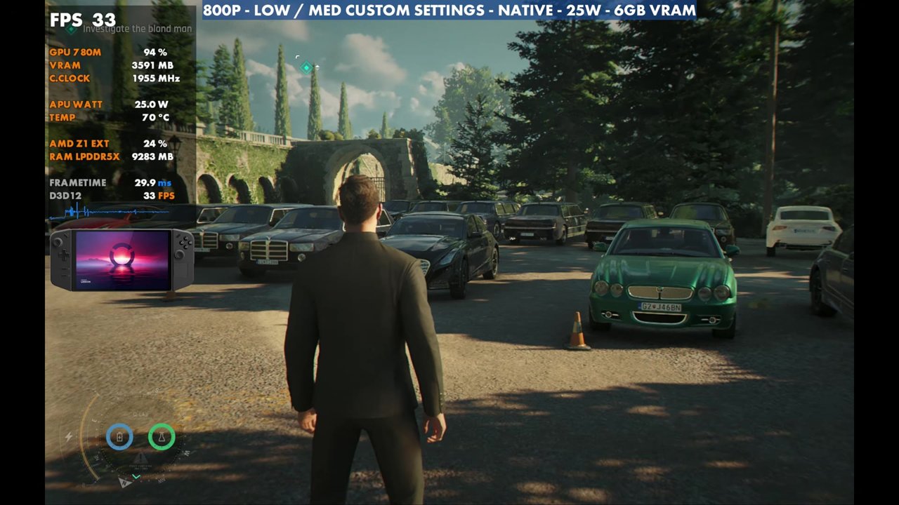 007 First Light on the Legion Go Z1 Extreme at 800p native, 25W, overlay reading 33 FPS
