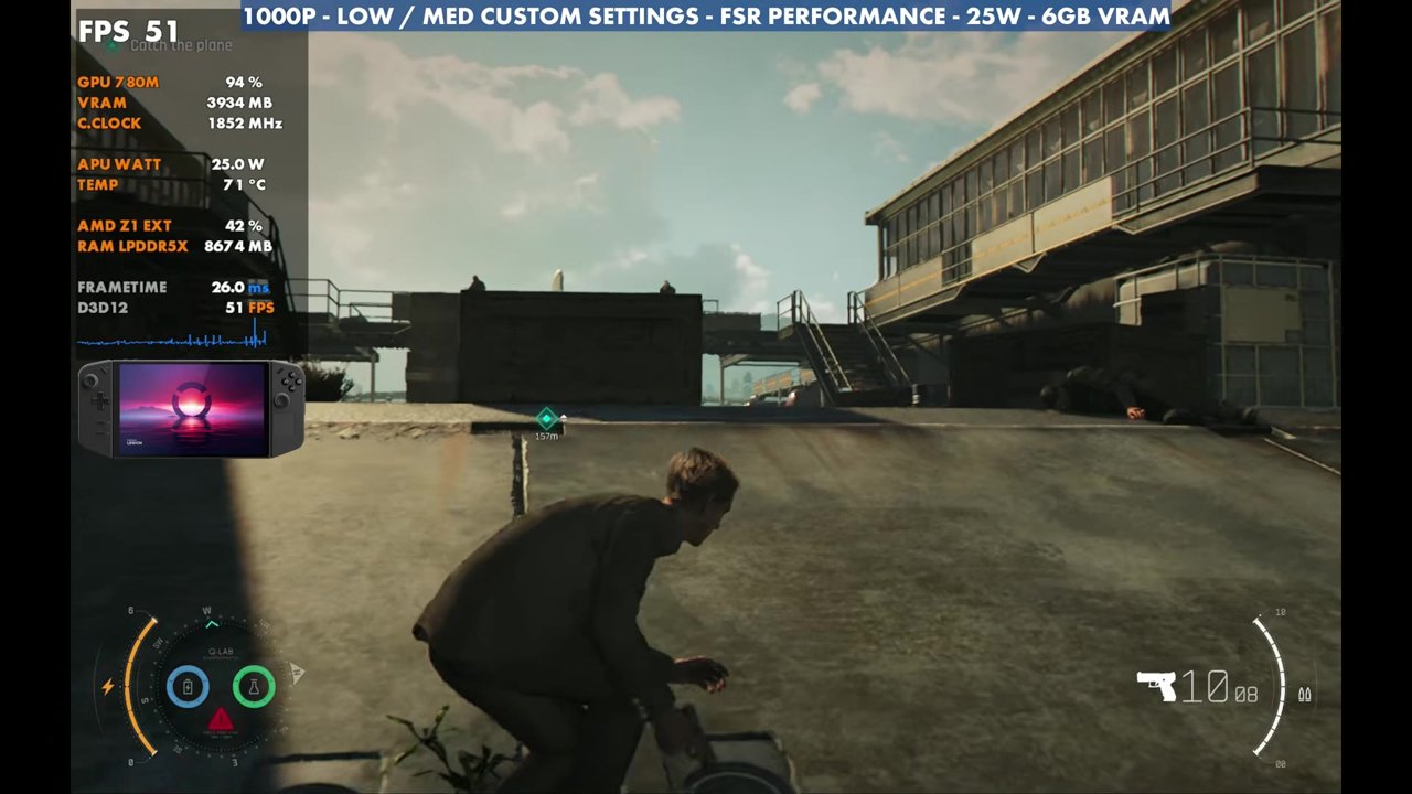 007 First Light combat at the airfield on the Legion Go Z1 Extreme, overlay reading 51 FPS