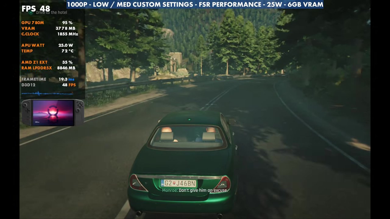 007 First Light driving section on the Legion Go Z1 Extreme, overlay reading 48 FPS