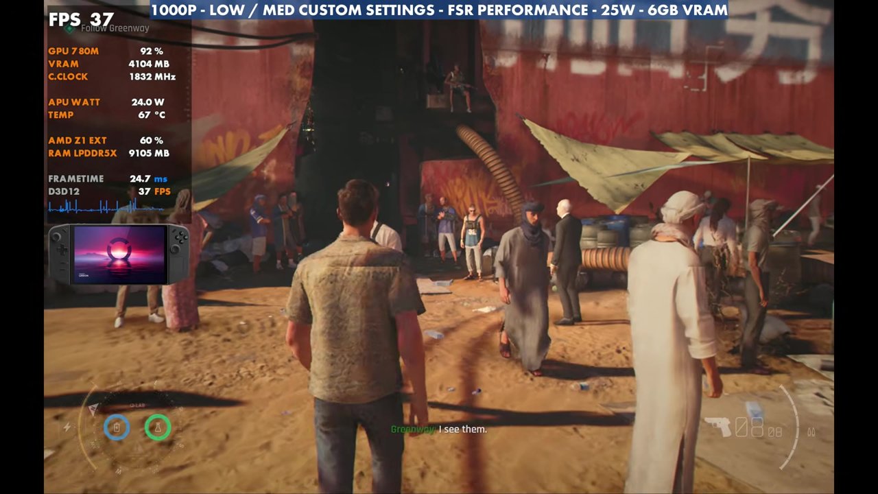 007 First Light in a crowded market on the Legion Go Z1 Extreme, overlay reading 37 FPS