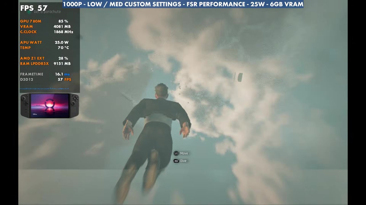 007 First Light skydive on the Legion Go Z1 Extreme, overlay reading 57 FPS