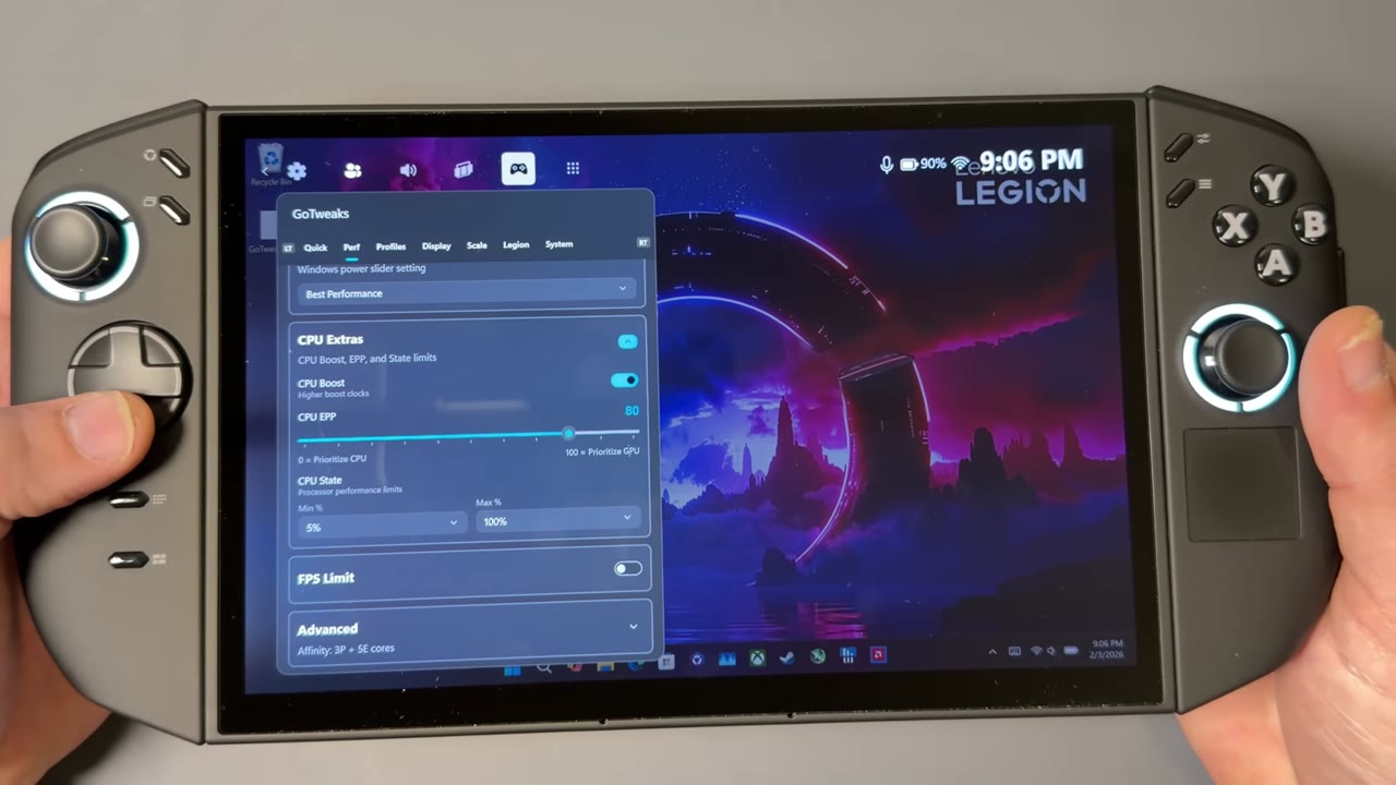 Go Tweaks Game Bar widget on the Legion Go 2 with CPU boost, EPP and FPS limit options