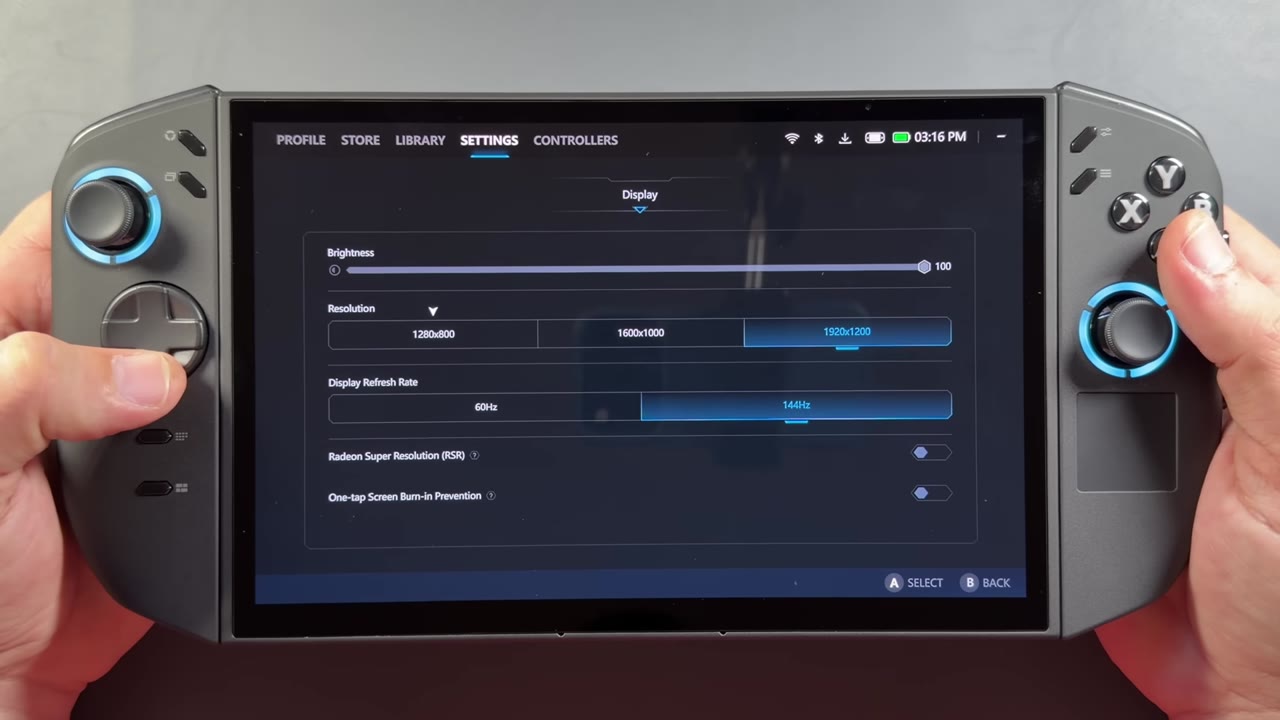 Legion Space display settings on the Legion Go 2 with brightness, resolution and refresh rate options