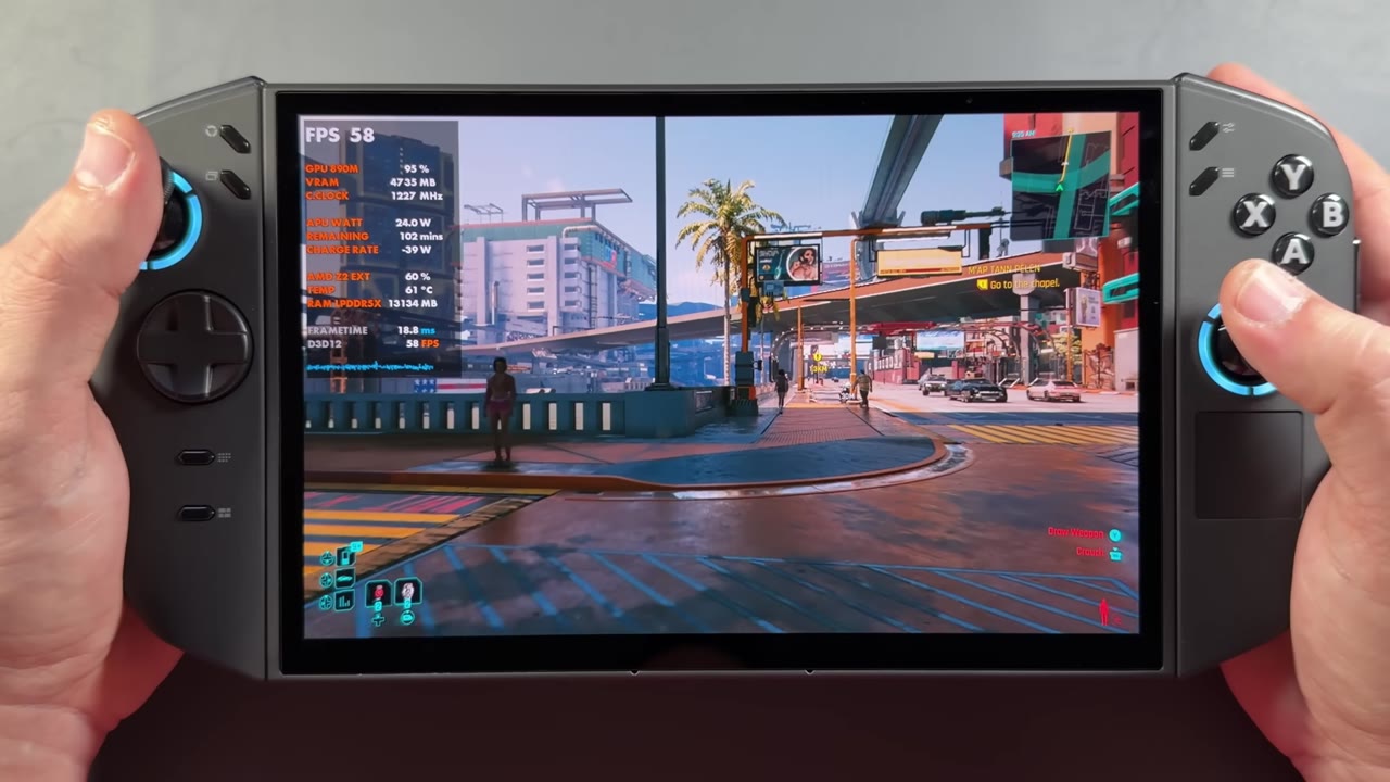 Cyberpunk 2077 running on the Legion Go 2 Z2 Extreme's 8.8-inch OLED screen