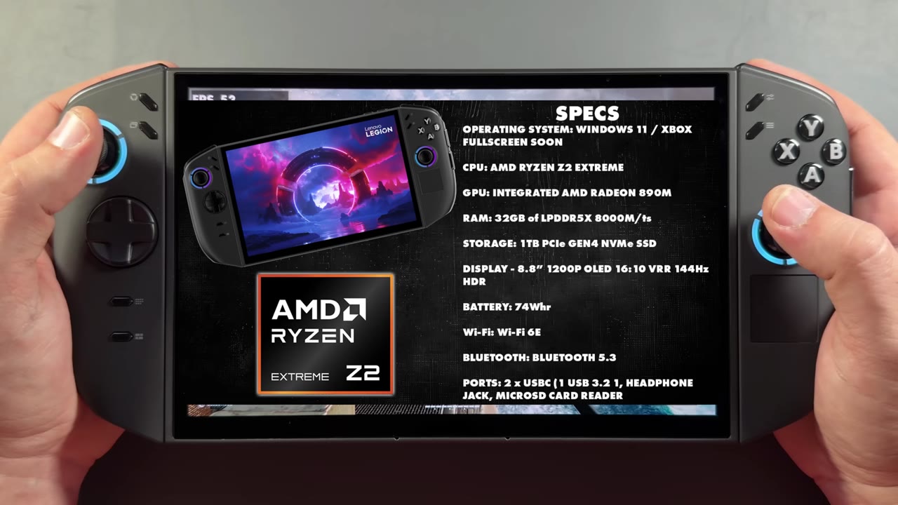Legion Go 2 Z2 Extreme specs graphic: Ryzen Z2 Extreme, Radeon 890M, 32GB LPDDR5X-8000, 1TB SSD, 8.8-inch 1200p OLED VRR 144Hz HDR, 74Whr battery