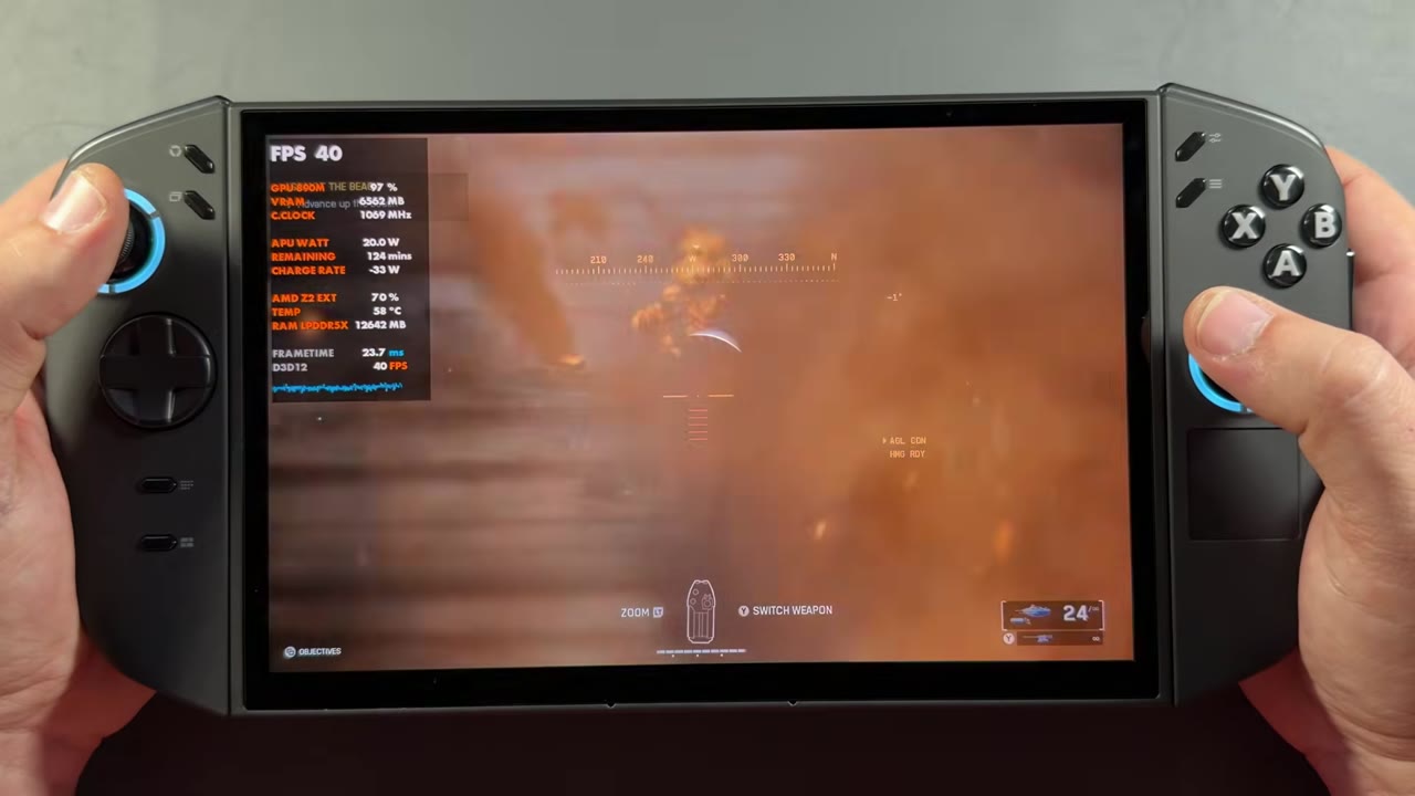 Gameplay on the Legion Go 2 Z2 Extreme's 8.8-inch OLED screen with the performance overlay showing 40 FPS