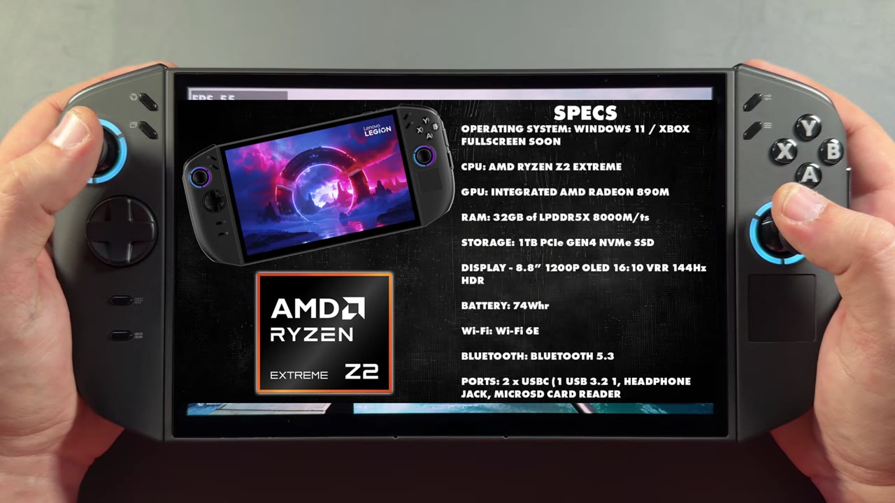 Legion Go 2 specs graphic: AMD Ryzen Z2 Extreme, Radeon 890M, 32GB LPDDR5X-8000, 1TB SSD, 8.8-inch 1200p OLED 144Hz VRR HDR, 74Wh battery, Wi-Fi 6E, Bluetooth 5.3