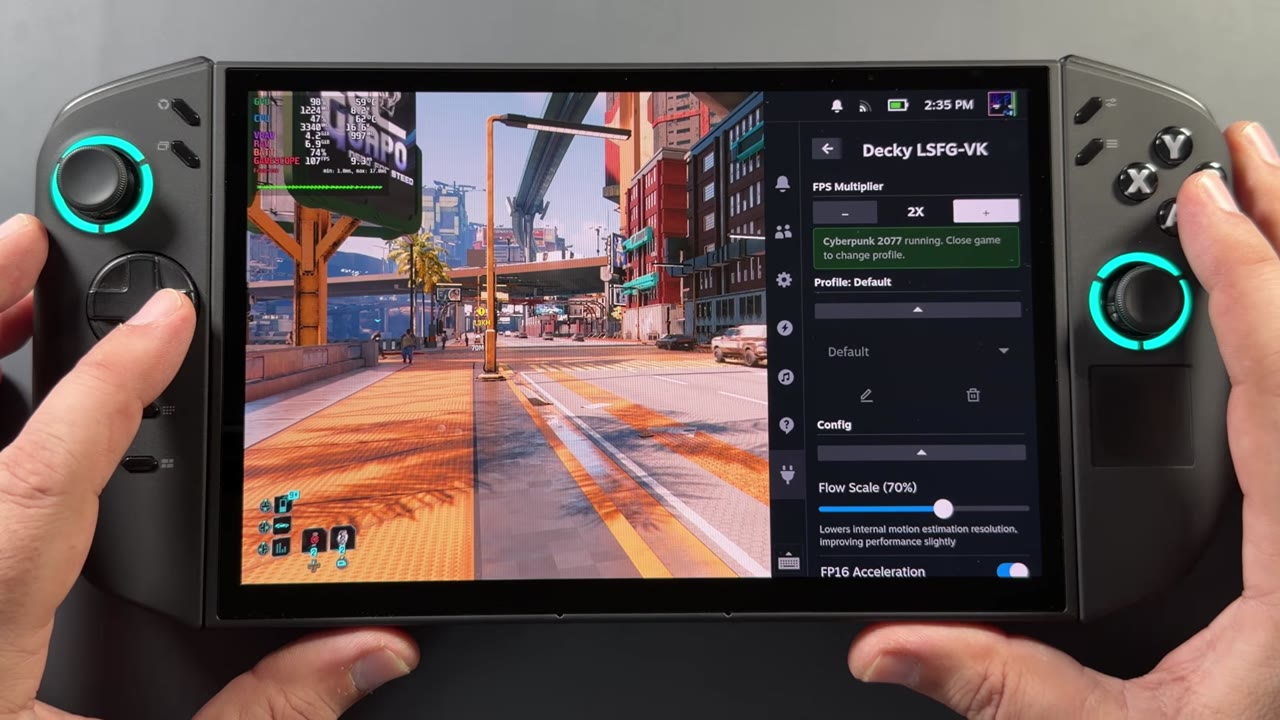 Cyberpunk 2077 running on the Legion Go 2 with the Decky LSFG-VK panel open, FPS multiplier on 2x and flow scale at 70%