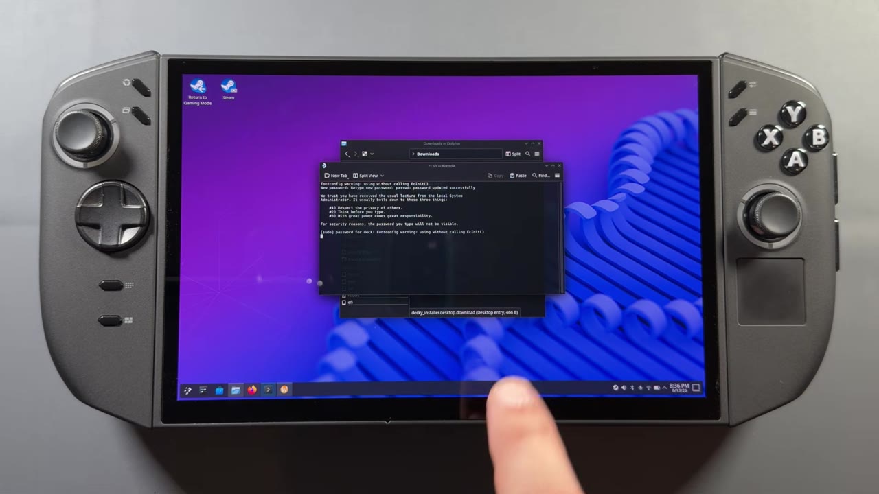 Decky Loader installer running in a terminal window in SteamOS desktop mode