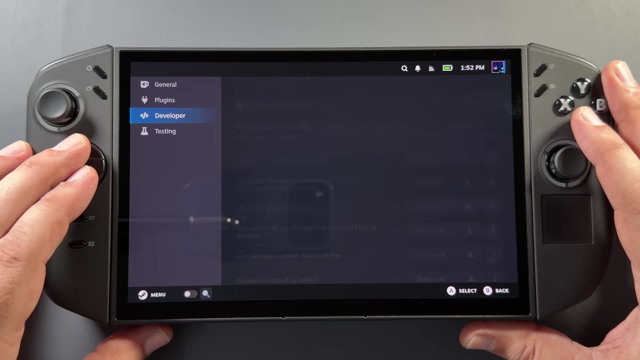 Decky Loader settings on the Legion Go 2 with the General, Plugins, Developer and Testing tabs