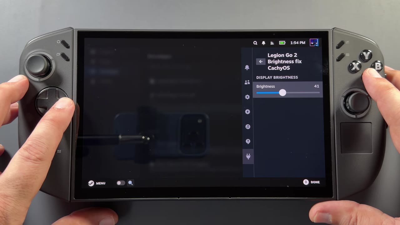 Legion Go 2 Brightness fix CachyOS plugin open in Decky Loader with the display brightness slider at 41