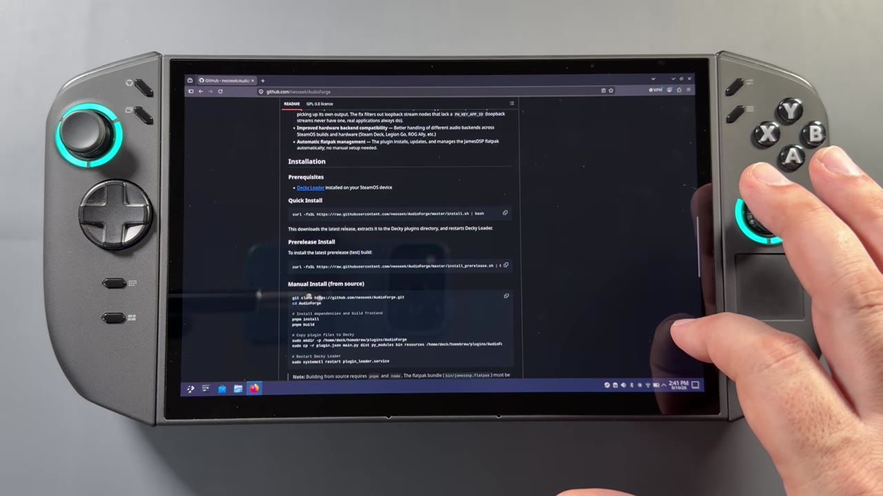 The AudioForge GitHub page with the quick install command in the browser on the Legion Go 2