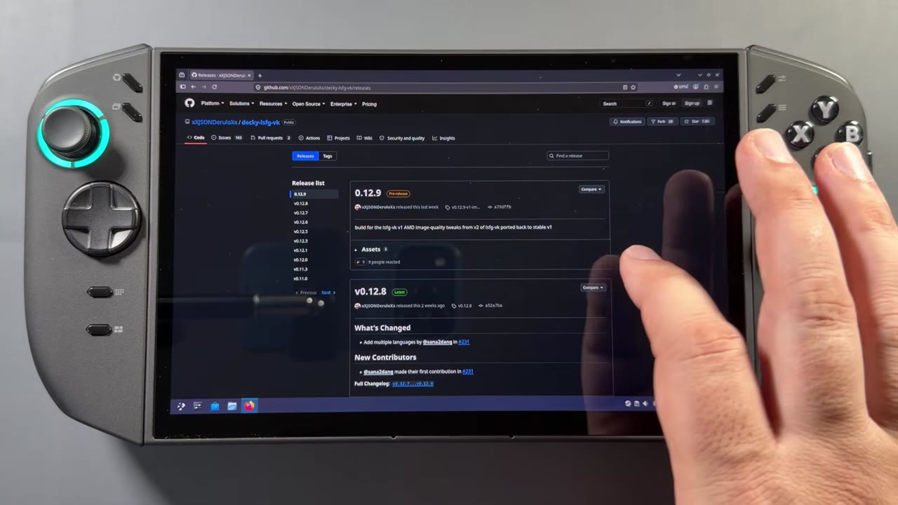 The decky-lsfg-vk GitHub releases page in the browser on the Legion Go 2
