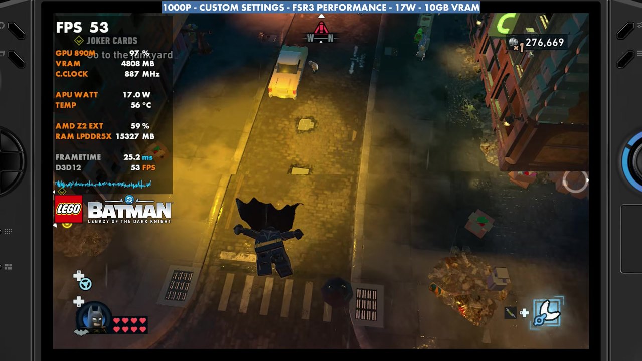 LEGO Batman gliding over Gotham streets on the Legion Go 2 at 17W, overlay reading 53 FPS