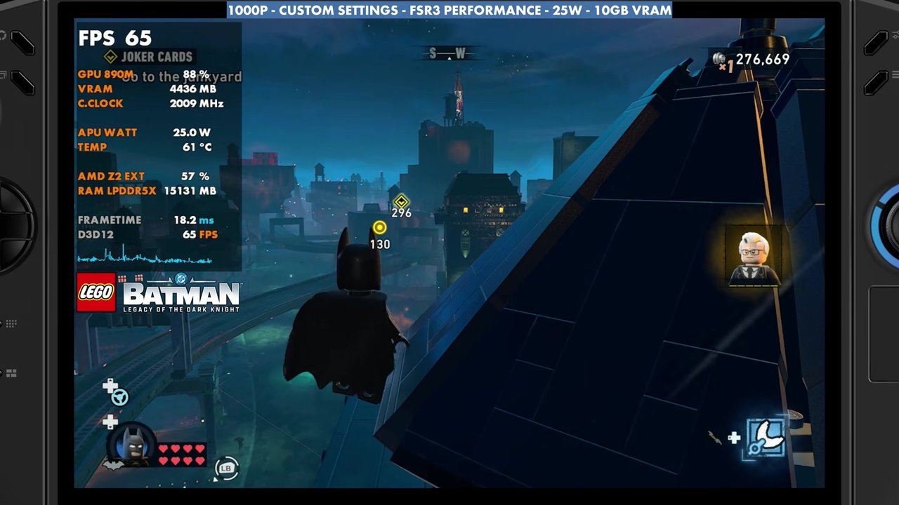 LEGO Batman rooftop in Gotham on the Legion Go 2 at 1000p FSR3 Performance 25W, overlay reading 65 FPS