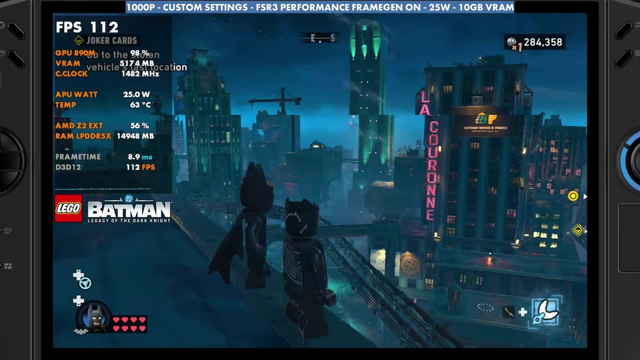 LEGO Batman on a Gotham rooftop on the Legion Go 2 with frame gen on at 25W, overlay reading 112 FPS