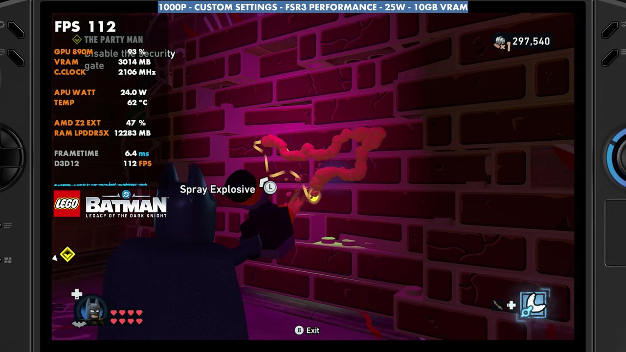 LEGO Batman indoor mission on the Legion Go 2 at 25W without frame gen, overlay reading 112 FPS