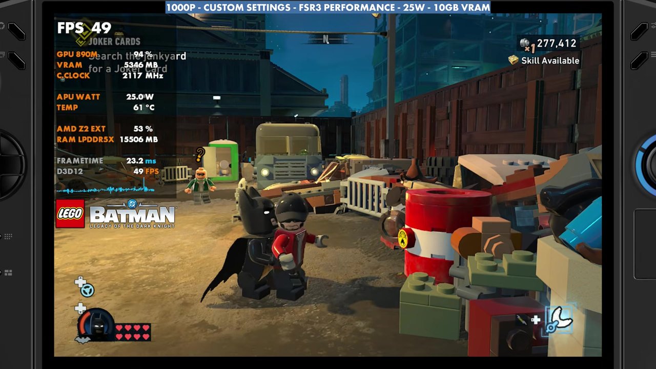 LEGO Batman street fight in the open world on the Legion Go 2 at 25W, overlay reading 49 FPS