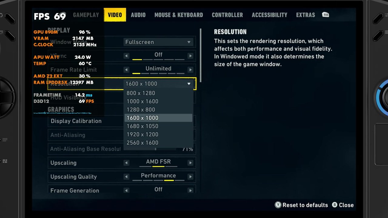 LEGO Batman resolution menu on the Legion Go 2 set to 1600x1000 with AMD FSR Performance