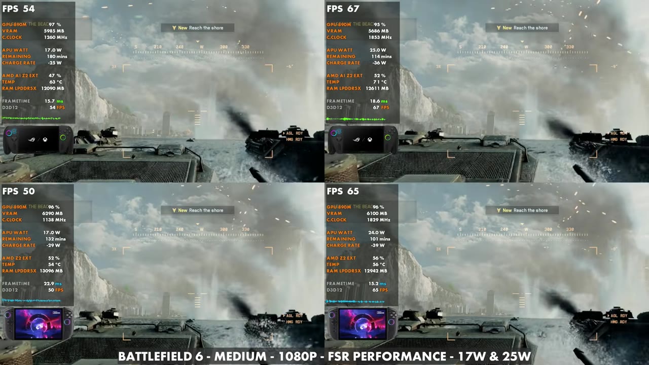 Battlefield 6 on the Legion Go 2 at medium, 1080p, FSR Performance, at 17W and 25W